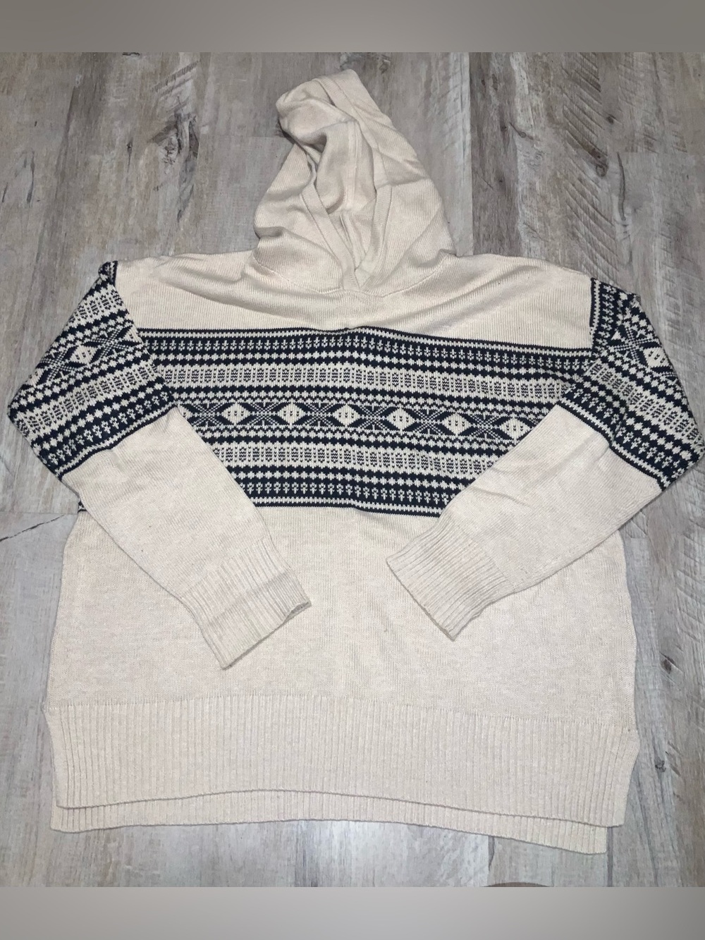 (Bin 28) GAP Cream Hooded Sweater with Navy Fair Isle Yoke